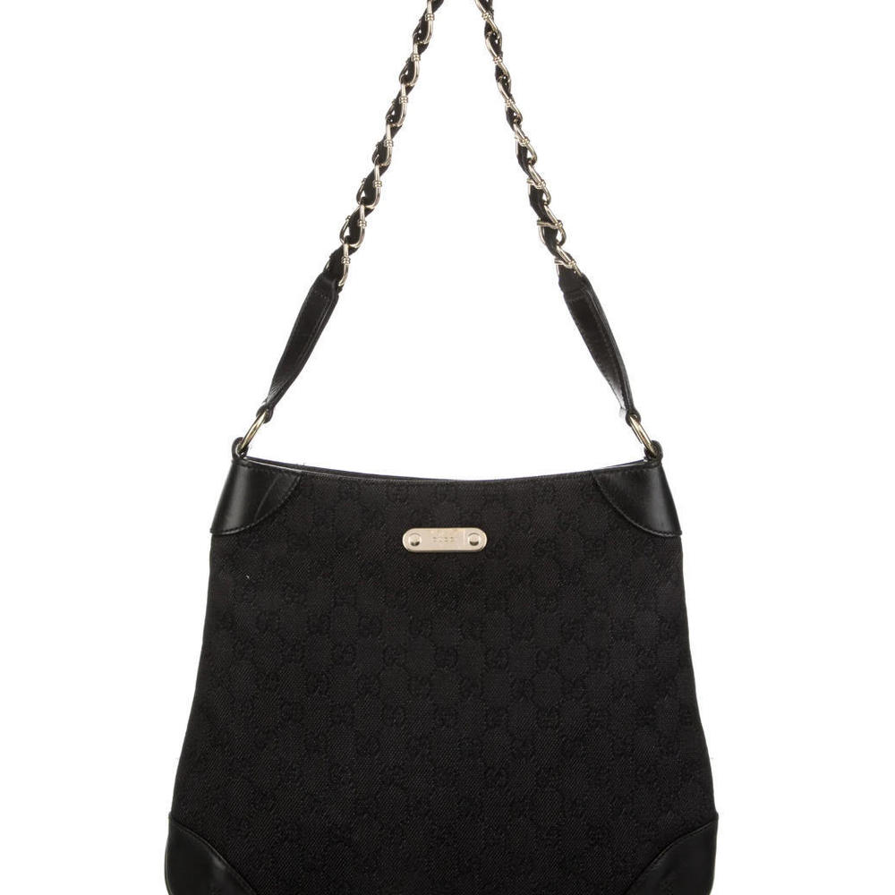 Authentic Gucci GG Denim Capri Chain Hobo Leather Trimmed Silver Hardware